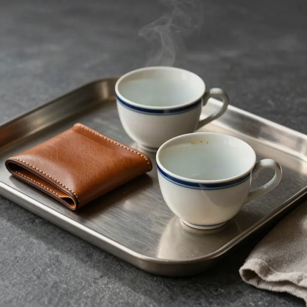 Två espressokoppar i porslin på bricka med läderfodral i mjukt dagsljus.