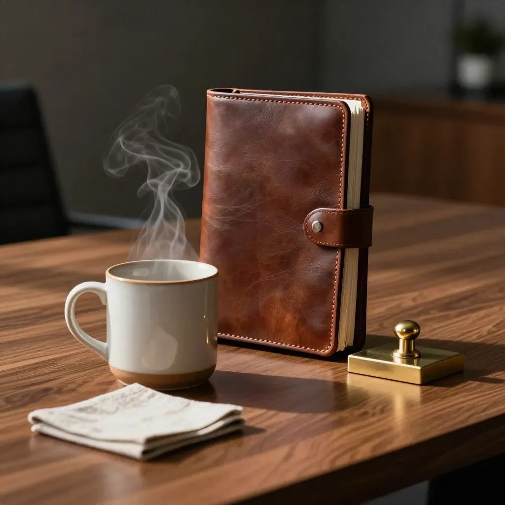 Keramisk mugg, läderfolio och mässingsvikt i varmt, stilla ledarskapsstilleben